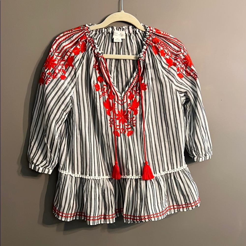 Kate Spade Broome Street White and Black Puff Sleeve Embroidered Blouse